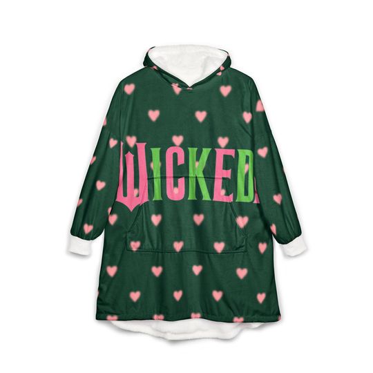 WICKED FOR GOOD heart Hooded Blanket | green pink hearts, cozy wearable blanket
