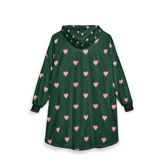 WICKED FOR GOOD heart Hooded Blanket | green pink hearts, cozy wearable blanket