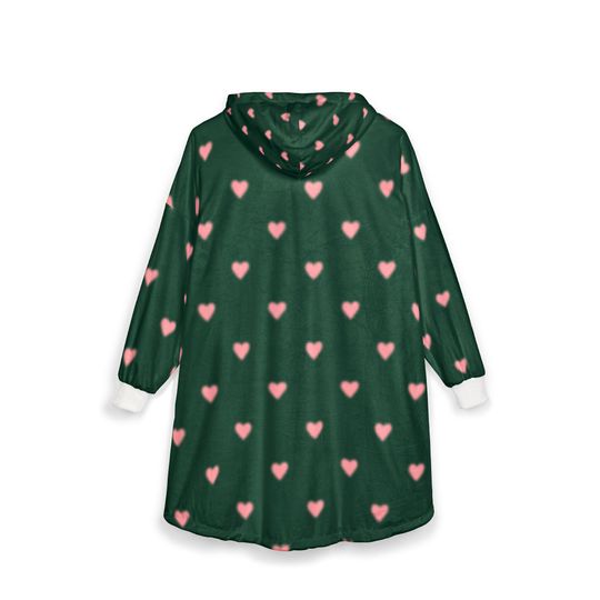 WICKED FOR GOOD heart Hooded Blanket | green pink hearts, cozy wearable blanket