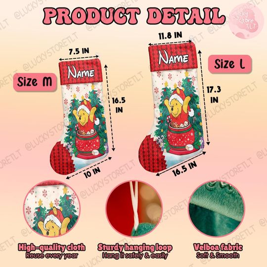Custom Winnie the Pooh Xmas Stocking, Personalized Pooh Bear Gingerbread Stockings, Custom Name Holiday Stocking with Tigger, Piglet &Eeyore