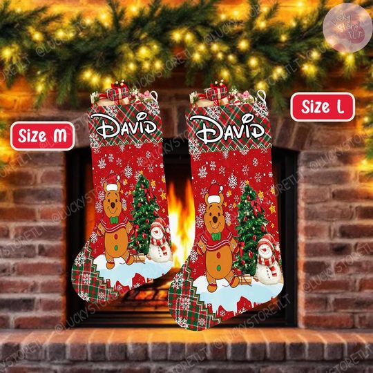 Custom Winnie the Pooh Xmas Stocking, Personalized Pooh Bear Gingerbread Stockings, Custom Name Holiday Stocking with Tigger, Piglet &Eeyore