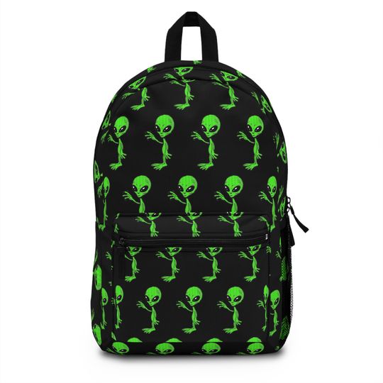 Friendly Green Waving Alien UFO Outer Space Pattern Backpack Bookbag, Back to School