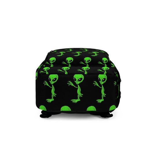 Friendly Green Waving Alien UFO Outer Space Pattern Backpack Bookbag, Back to School