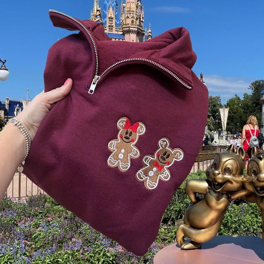 Disneyland Christmas Embroidered Quarter Zip Sweatshirt with Mickey's Gingerbread Design