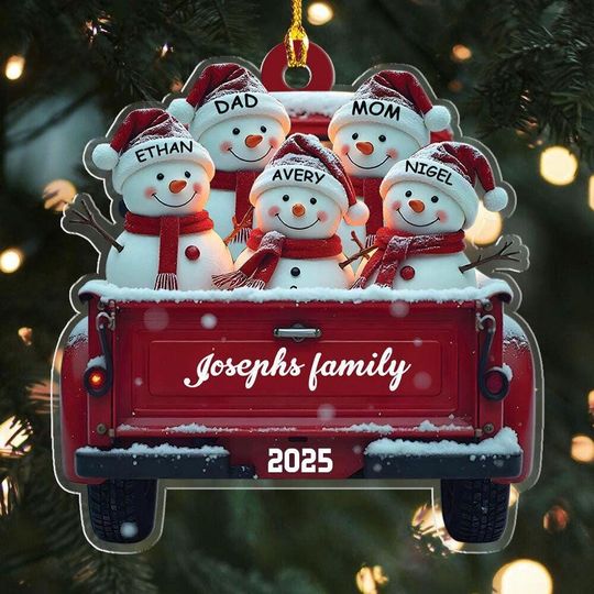 Personalized Snowman Family Christmas Ornament, Red Truck Christmas Ornament, Snowman Ornament, Custom Name Ornament, 2d Flat Ornament
