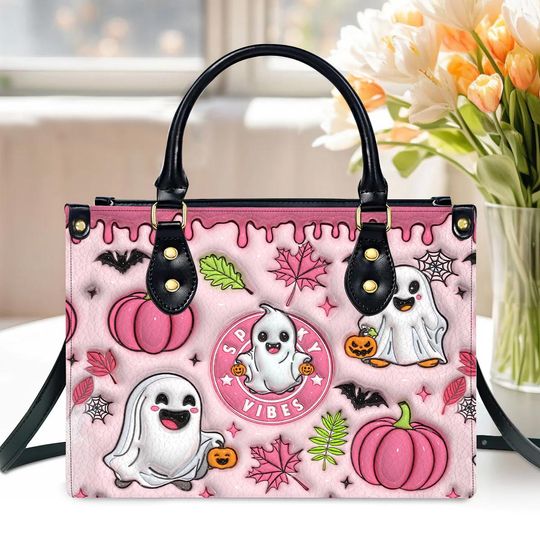 Pink Spooky Vibe Print 3d Effect Leather Handbag, Ghost Pumpkin Bags Wallet, Print 3d Halloween Bag, Trick Or Treat Halloween Bag