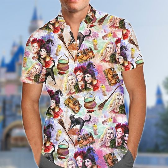 Sanderson Sisters Halloween Night Aloha Summer Beach Shirt, Button Up Short Sleeves Hawaiian