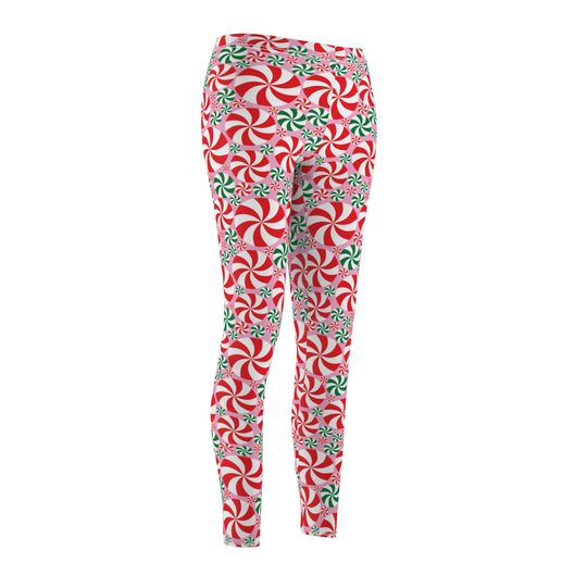 Red and Green Peppermint  Leggings in pink