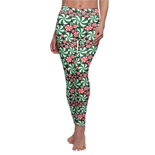 Green and Red Peppermint Leggings in Black