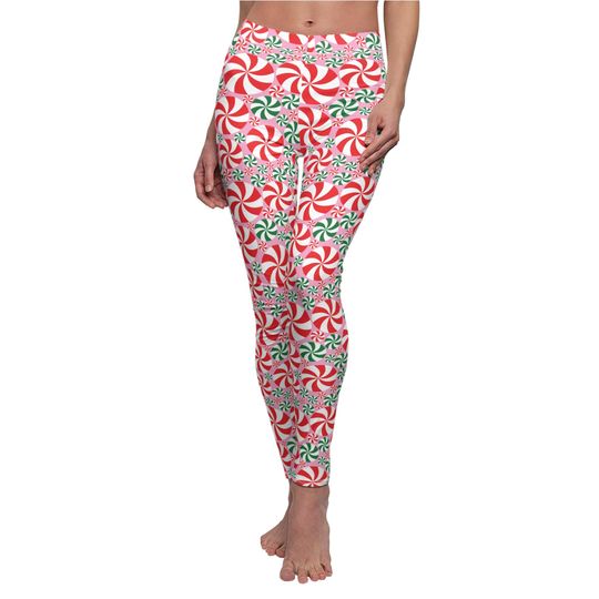 Red and Green Peppermint  Leggings in pink