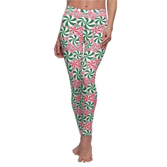 Green and Red Peppermint Leggings in pink