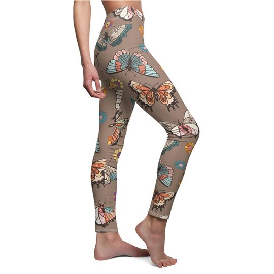 Retro Butterfly Floral Leggings in Brown