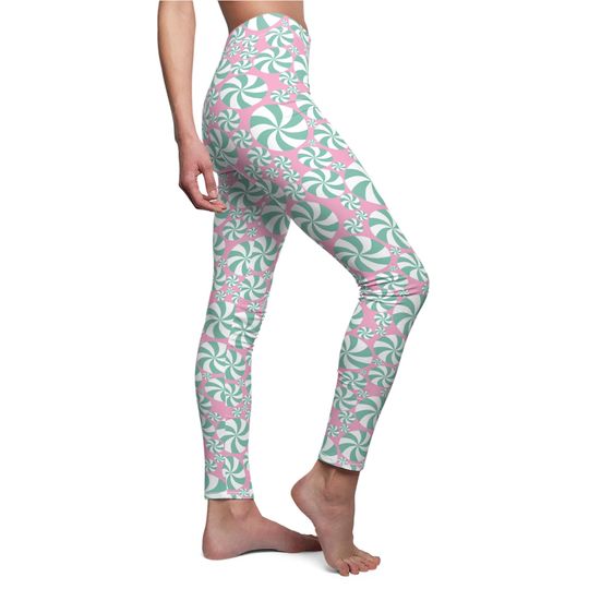 Teal Green Peppermint Leggings in Pink – Festive Holiday Outfit for Women