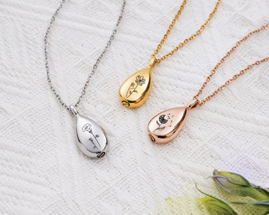 Personalized Birth Flower Teardrop Urn Necklace for Pet Ashes Memorial Keepsake