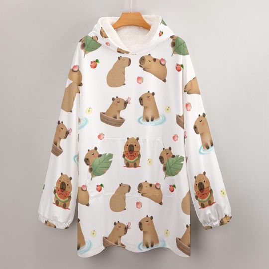 Kawaii Capybara Hoodie Blanket: Wearable Holiday Fall Blanket with Kangaroo Pocket