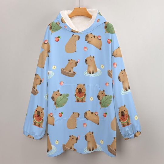 Kawaii Capybara Hoodie Blanket: Wearable Holiday Fall Blanket with Kangaroo Pocket