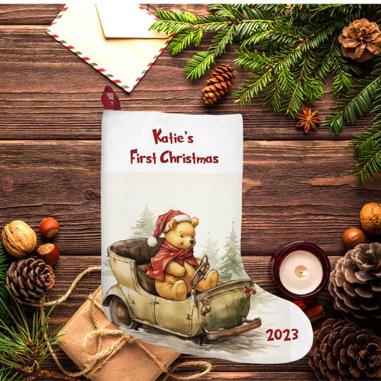 Personalized Winnie the Pooh Christmas Stocking: Baby's First Christmas, Burlap