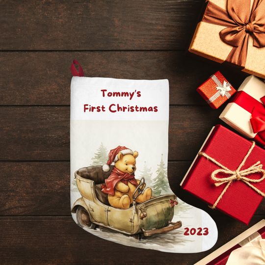 Personalized Winnie the Pooh Christmas Stocking: Baby's First Christmas, Burlap