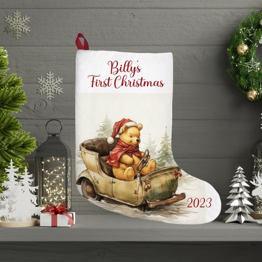 Personalized Winnie the Pooh Christmas Stocking: Baby's First Christmas, Burlap