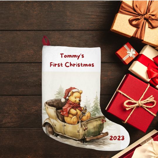 Personalized Winnie the Pooh Christmas Stocking: Baby's First Christmas, Burlap