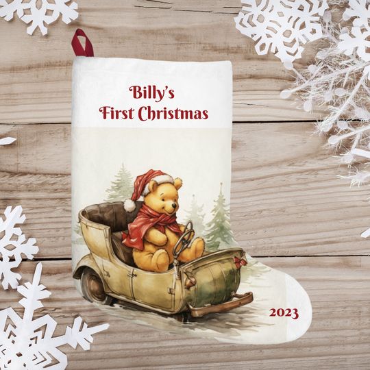 Personalized Winnie the Pooh Christmas Stocking: Baby's First Christmas, Burlap