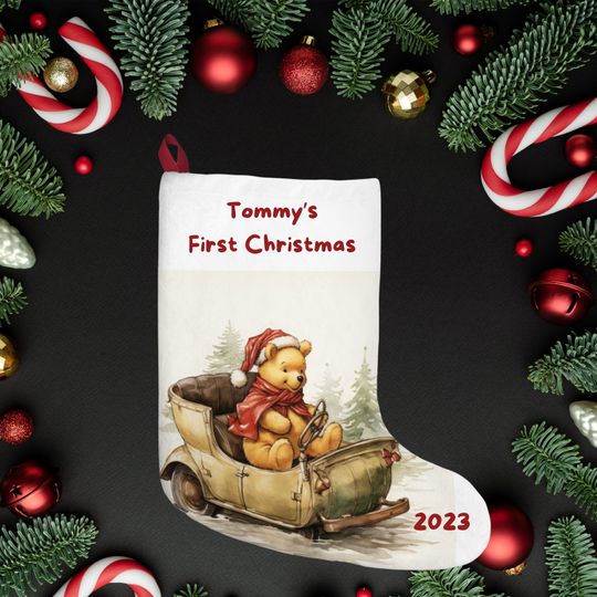 Personalized Winnie the Pooh Christmas Stocking: Baby's First Christmas, Burlap