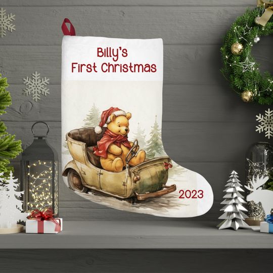 Personalized Winnie the Pooh Christmas Stocking: Baby's First Christmas, Burlap