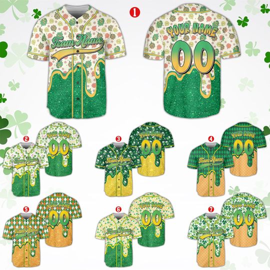Personalized St Patrick Dripping Baseball Jersey, Custom Name Number Shamrock Clover Glitter Jersey