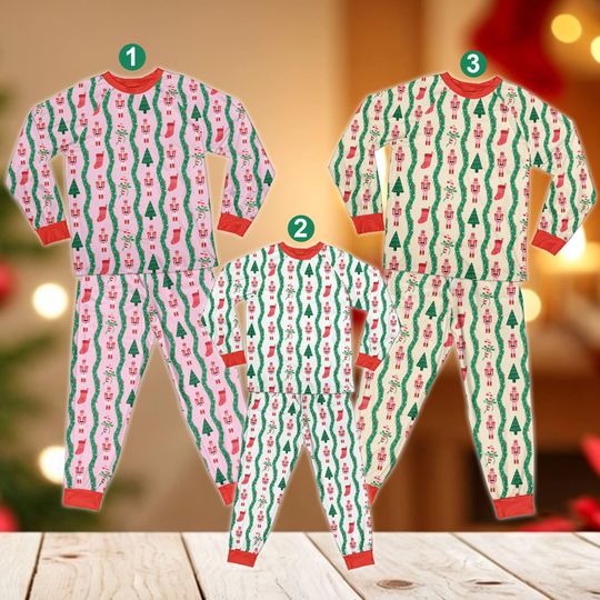Nutcracker Christmas Pajama Set, Coquette Candy Cane Nutcracker Ballet Long Sleeve Two Piece Pajama, Family Matching Holiday Sleepwear Gift