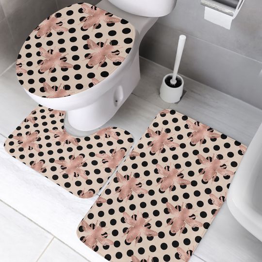 Honeybee Print Bathroom Mat Set, Crystal Velvet Toilet Rug Set