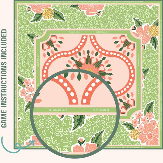 Mahjong Mat  Citrus Bloom | Green & Coral Floral Game Mat with Citrus-Inspired Design