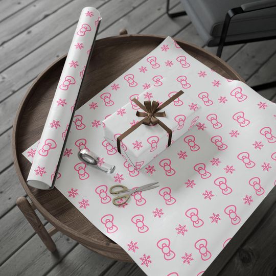 Hello Kitty Bow & Snowflakes Wrapping Paper | Holiday Floral Pattern