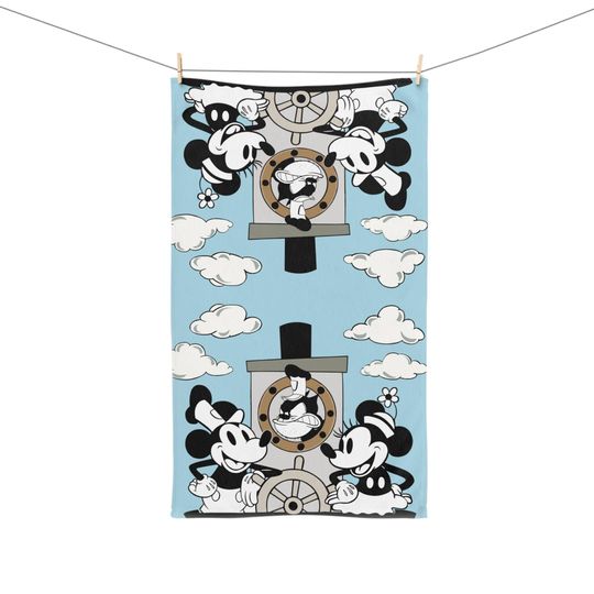 Light Blue Steamboat Willie Hand Towel, Polyester Cotton Blend, Kitchen and Bathroom Towels