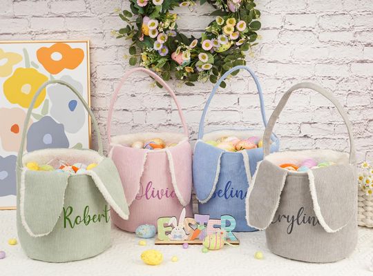 Embroidered Easter Basket,Personalized Easter Corduroy Basket,Kids Basket With Name,Easter Baskets Egg Hunt Bucket,Easter Basket For Kids