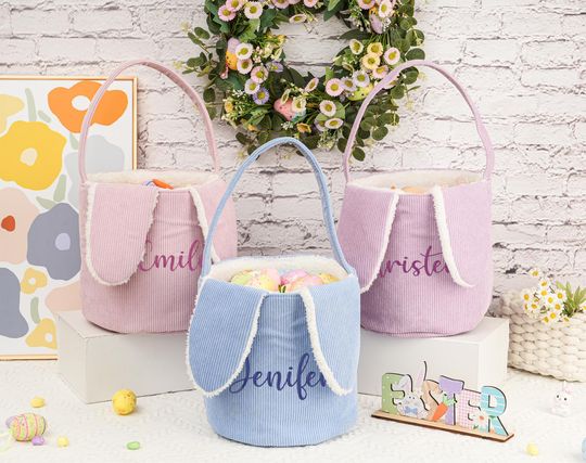 Embroidered Easter Basket,Personalized Easter Corduroy Basket,Kids Basket With Name,Easter Baskets Egg Hunt Bucket,Easter Basket For Kids