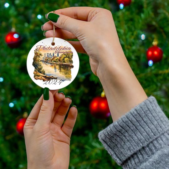 Custom Philadelphia Ornament, Personalized Ornament, Watercolor Cityscape, Philly PA Vacation Keepsake, Travel Souvenir