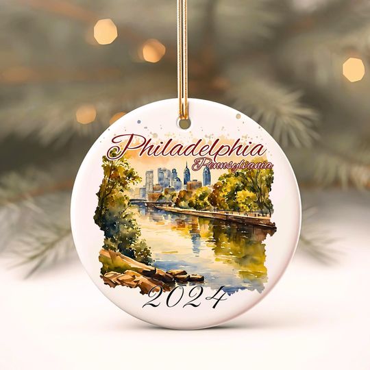 Custom Philadelphia Ornament, Personalized Ornament, Watercolor Cityscape, Philly PA Vacation Keepsake, Travel Souvenir