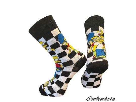 Simpsons Checkered Cartoon Character Cotton Crew Socks | Novelty, Fun and Cute |