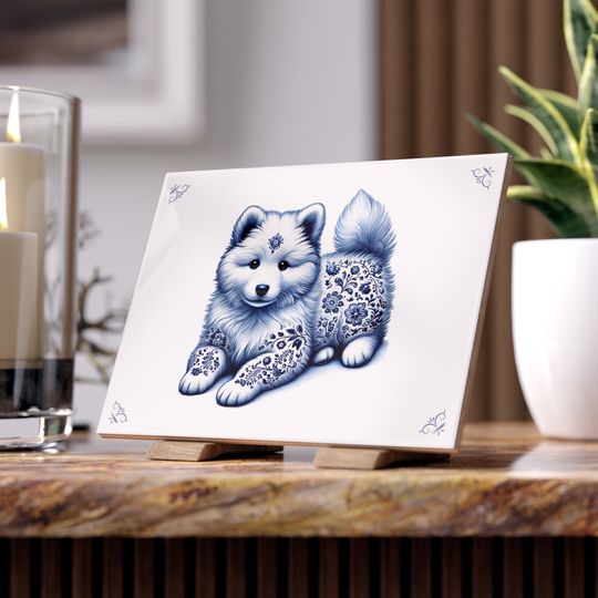 Ceramic Tile, Samoyed Pup, Delft Blue Design, Modern Twist, Dog Lover Gift