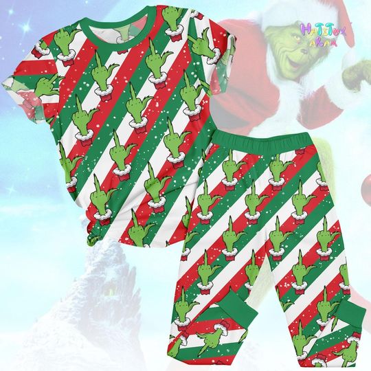 Green Movie T-Shirt Pajamas Set, Holiday Sleepwear Set, Merry Grin Satin Pajamas, Family Matching PJs, Christmas Gift