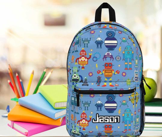 Robot Backpack, Personalized Boys Book Bag, Robot Lover gift, for son, grandson or nephew, Waterproof back to school knapsack
