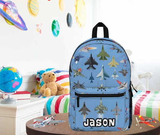 Fighter Jet Backpack, Personalized military plane bag for boys, Custom aviation bookbag, Aircraft lover knapsack, gift for son or kids