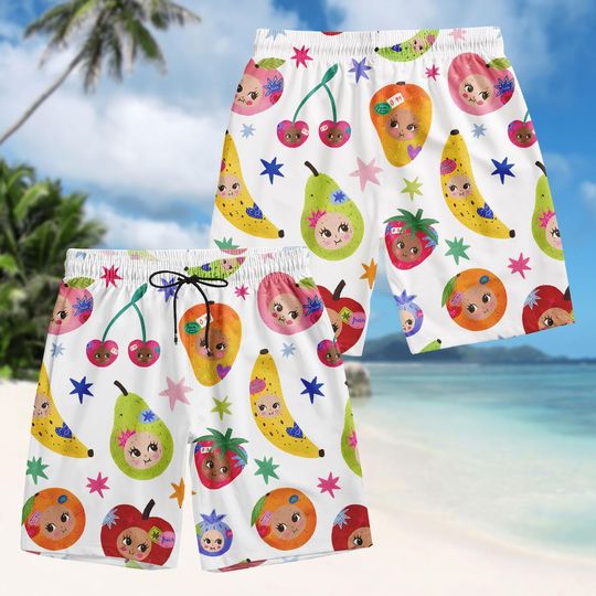 Kawaii Fruit Hawaiian Shirt, Cute Pattern Button Shirt, Colorful Men Shorts, Beach Outfit, Gift For Him