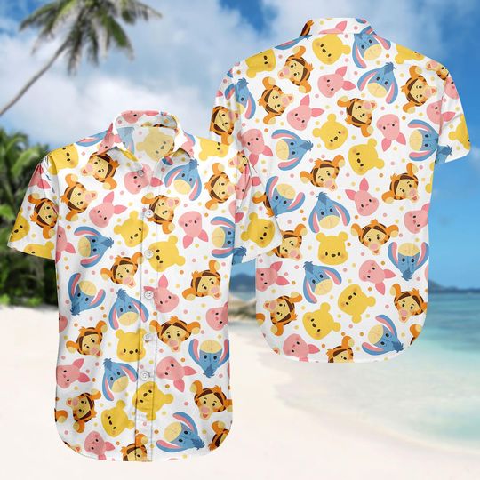 Winnie The Pooh Hawaiian Shirt, Swim Shorts, Cute Pooh Bear Button Shirt, Disneyland Vacation Outfit, Gift For Kids