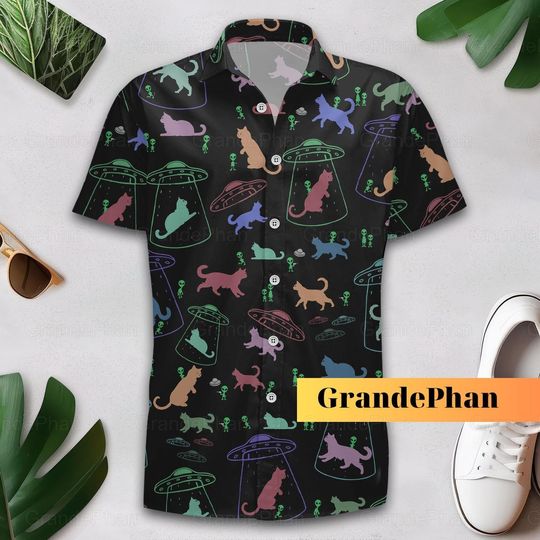 Alien Cat Button Shirt, Alien Cat Ufo Summer Shirt, Alien Button Up Shirt