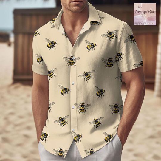 Bee Button Hawaiian Shirt for Nature & Bee Lovers, Summer Beach Casual