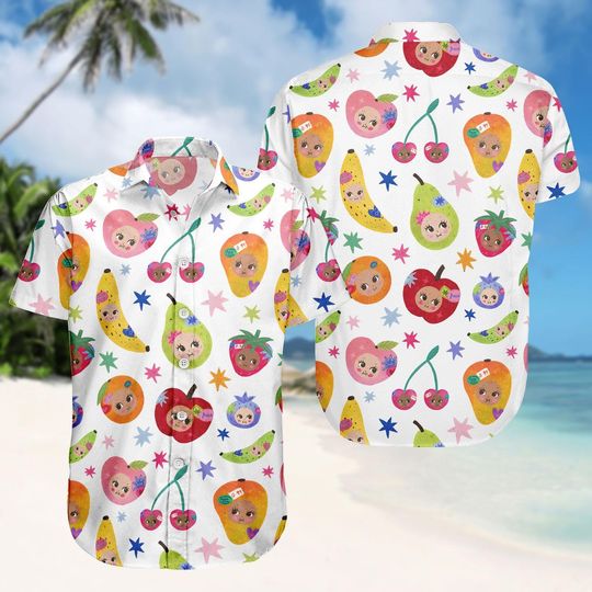 Kawaii Fruit Hawaiian Shirt, Cute Pattern Button Shirt, Colorful Men Shorts, Beach Outfit, Gift For Him