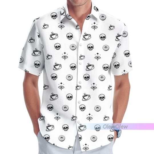 Funny Donut Skull Hawaiian Shirt, Cereal Killer Fun Casual Woven Button Up Shirt