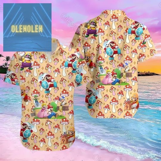 Super Mario Button Shirt, Super Mario Mushroom Hawaiian Shirt