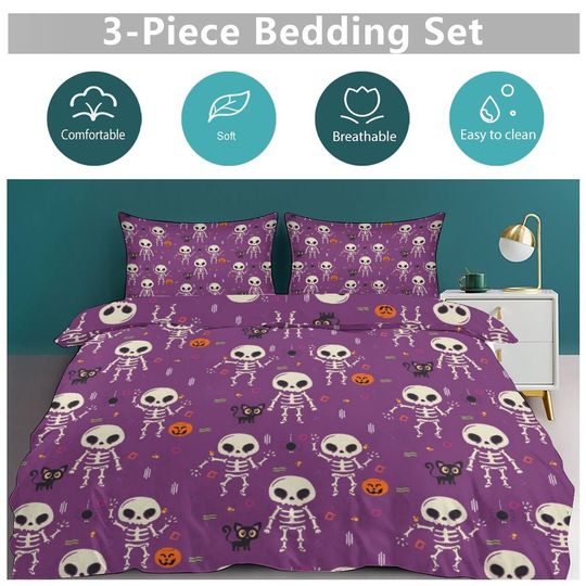 Purple Skeleton Halloween Bedding set, Vintage Halloween Decoration